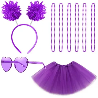 Gionforsy Tutu Rock Damen Kostüm Zubehör Set mit Pompon Stirnband Halskette Sonnenbrille Tüllrock Accessoires Set für Mottoshow Halloween Karneval Fasching Geburtstag Party (Lila)