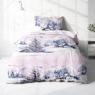 Träumschön Biber Bettwäsche 155x220 Rosa - Bettwäsche Weihnachten Winterlandschaft Lavendel - Weihnachts Bettwäsche - Tolle Winterbettwäsche