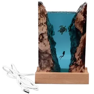 Garosa Divers Schildkröten-Harzlampe, Holz, Nachttischlampe, Schreibtisch-Kunstornamente, Lebendiges Meereskunstlicht mit USB-Kabel, Knopfschalter, LED-Ozeanlampe für