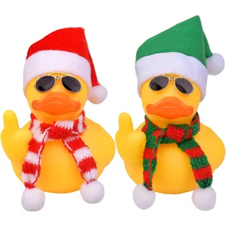 Mwmoeen Weihnachts Gummi Ente Geschenk, 2 Stück Lustige Gummiente Auto Armaturenbrett Dekoration mit Weihnachtsmütze, Schal und Sonnenbrille, Passend für Auto, Büro, Haus Dekoration, (8cm)