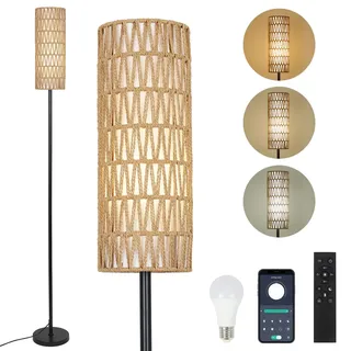 Rayofly Rattan Stehlampe Dimmbar für Wohnzimmer - Mit Fernbedienung, App-Steuerung, Boho-Design, Rattan & Leinen Lampenschirm, Schwarz - Für Schlafzimmer, Büro (Glühbirne Inklusive)