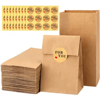 G2PLUS 100 Stück Braun Papiertüten Klein, Kraftpapier Geschenktüten, Papiersäckchen Klein 9x6x18CM, Tüten aus Kraftpapier mit Aufkleber, Braun Standbeutel für Geschenke, Adventskalender
