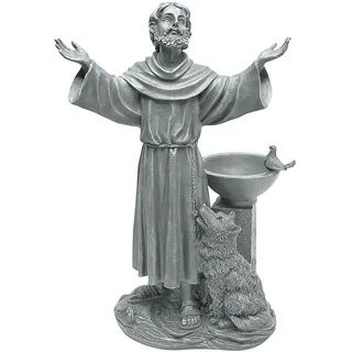 Design Toscano St. Francis Segen Religiöse Gartenstatue mit Vogeltrinkstelle, Polyresin, steingrau, 48 cm