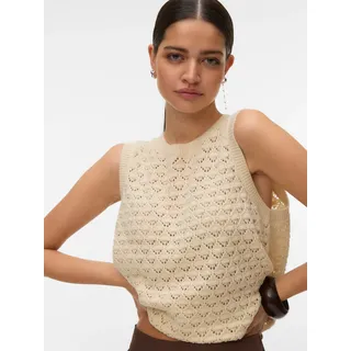 Stricktop VERO MODA "VMJAQUELINE SL O-NECK TOP BOO", Damen, Gr. M, birch, Obermaterial: 60% Baumwolle, 40% Polyacryl, unifarben, regular fit normal, Rundhals, Tops Stricktop, mit zartem Ajourmuster