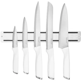 hecef Messerset mit Messerhalter Magnetisch, 5 tlg Scharfe Küchenmesser Set mit 33cm Messer Magnetleiste für die Wand, Edelstahl Kochmesser Set zum Schneiden von Fleisch und Gemüse, Weiß