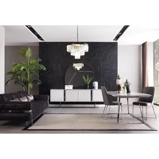 Esszimmer Garnitur Sofa Tisch 4x Stuhl Set Anrichte Spiegel Möbel 8tlg - Weiß, Schwarz