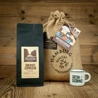 Die Speicherconsorten Geschenkeset "Espressosack Moin Giorno" inkl. Keramikbecher