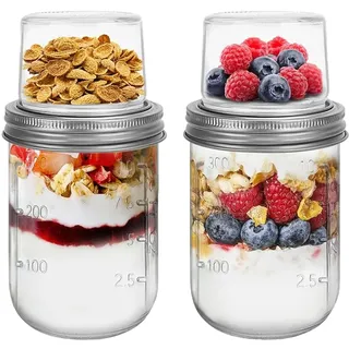 ALINK 2er Overnight Oats Gläser, 480ml+120ml Müslibecher to go, Joghurtbecher mit Doppelschicht-Design, Trocken- und Nasstrennung Müsli to go Becher, Meal Prep Gläser mit Deckel für Yogurt Porridge