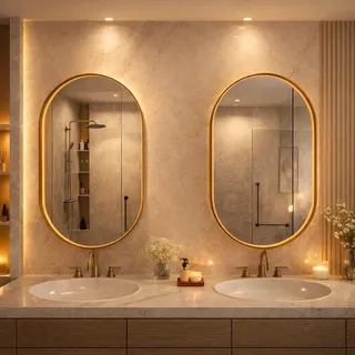 AIORBER Ovaler Spiegelschrank mit Stauraum, Badezimmerspiegelschrank mit Metallrahmen und verstellbaren Einlegeböden, Wand- oder Einbau, Gold - Gold