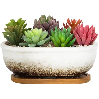 ARTKETTY Sukkulenten-Blumentopf, rechteckig, für Zimmerpflanzen, Bonsaischale aus Keramik, mit Drainageschale, Kleiner Blumentopf, Haus, Garten, Fensterkasten, 20 cm