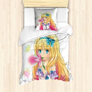 ABAKUHAUS Anime Bettbezug Set, Niedliches Manga Mädchen, das Blasen von einer Blume japanischer Karikatur Artsy Japan-Kunst-Druck durchbrennt, 135 x 200 cm + 80 x 80 cm, Gelb Rosa