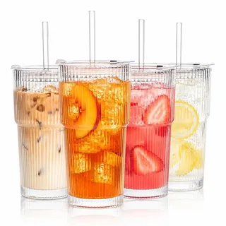 ALINK 4 Stück 600ml Gerippte Glasbecher mit Deckel und Strohhalm, dickwandige und robuste Smoothie Becher aus hochwertigem Glas, luftdichtes und wasserdichtes Design, ideal als Kaffee