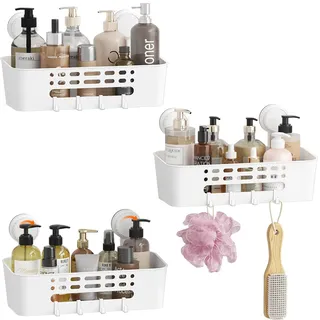 Lifewit Saugnapf Badregal, Duschablage Ohne Bohren, Kunststoff Bad Duschablage mit 4 Haken Duschregal Abnehmbar für Shampoo Conditioner Halter Duschkorb für Badezimmer Küche Organizer, 31cm, 3 Stück