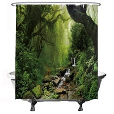 Ulticool Duschvorhang - Regenwald Natur Öko Pflanzen Wasserfall - 180 x 200 cm – Anti Schimmel - Waschbar – Wasserdicht - mit 12 Ringe - Grün