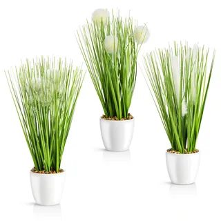 PASCH® 3 x Kunstgras in weißem Keramiktopf (31cm): Gräser künstlich | Künstliches Gras | Kunstpflanze Gras | Dekogras | Kunstpflanzen wie echt | Künstliche Pflanzen im Topf (Ziergras Variation)