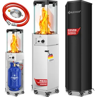 KESSER® Gasheizstrahler 4/8 kW Gas Piezozündung Heizung + Gasdruckregler + Cover, 360° Rollen Kippschutz, Terrassenheizstrahler Gasheizung Gasheizer Outdoor Kamin Mobiler Heizpilz, Heizer, Schwarz - Weiß