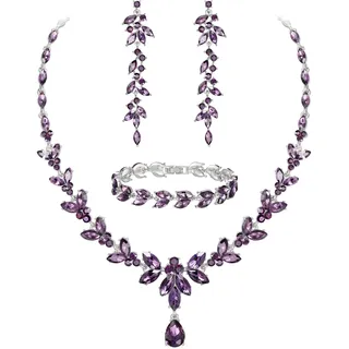 EVER FAITH Schmuckset Österreichisches Kristall Braut Schmuck-Set, elegante Marquise Strass Blatt Halskette mit baumelnden Ohrringen Tennis-Armband-Set, Lila Silber-Tone