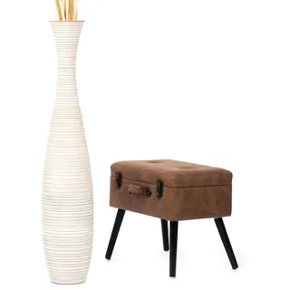 Leewadee Große Hohe Bodenvase 105 cm - Handgefertigte Mangoholz-Bodenvase in Weiß für Pampasgras & Trockenblumen