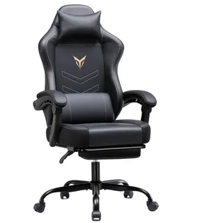 GTPLAYER Gaming Stuhl, Ergonomischer Gamer Sessel mit Fußstütze, Bürostuhl Höhenverstellbar mit Kopf- und Lendenkissen,Drehstuhl aus Kunstleder schwarz