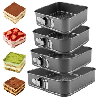LOPYXBR 4 Stück Springform Rechteckig Antihaft, Springform Eckig in 20/22/24/26 cm mit Herausnehmbarem Wabenboden, Backform Rechteckig aus Carbonstahl, Kuchenform Eckig für Familienbacken, Feiern