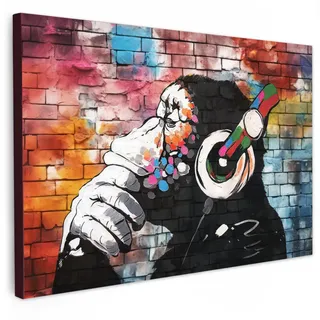 MuchoWow Leinwandbild Affe - Graffiti - Musik XXL 150x100 cm , Multicolor , Textil , Kiefer , Rechteckig , 150x100 cm , FSC 100% , gerahmt , Bilder & Rahmen, Bilder, Leinwandbilder