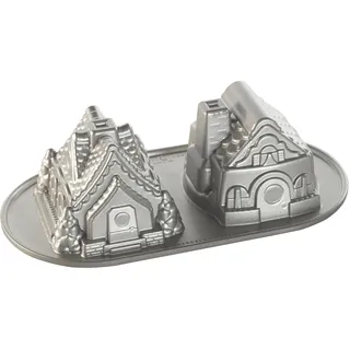 Nordic Ware Lebkuchenhaus Doppel-Backform, Aluminiumguss-Lebkuchenhausform mit 2 einzigartigen Designs, Antihaft-Kuchenform, Hergestellt in den USA, Farbe: Silber