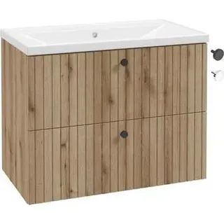 Badezimmerschrank mit Waschbecken 80 cm evoke Eiche geriffelte Lamellen Rietti - Schwarz
