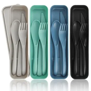 NVGVUP 4 Plastik Besteck Set, Mehrweg Reisebesteck mit Etui, Camping Besteck mit Löffel Messer Gabel, Tragbare Utensilien für Lunchbox, Kunststoff-Besteckset für Reisen, Picknick, Schule, Büro