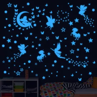 Leuchtendes Wandtattoo Kinderzimmer Fairy, Wandtattoo Schmetterlinge Feen Leuchtend, Aufkleber Fluoreszierend Wandsticker für Kinder Mädchen Babyzimmer Schlafzimmer Spiegel Dekoration(blau)