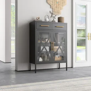 Mein-Regal Highboard Toronto mit 2 Glastüren und 2 Schubladen Schwarz - Schwarz