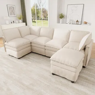 Merax XXL Modulares Ecksofa mit Schlaffunktion, 6-Sitzer Wohnlandschaft U/L-Form, Chenille Cloud Sofa mit Hocker, Doppelpolster, Wohnzimmer, Beige - Beige