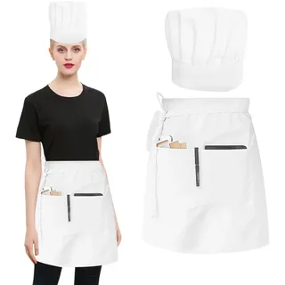 NYGGTYK 1 Mittellange Schürze, 1 Kochmütze, Kellnerschürze, Verstellbare Kochmütze, Schürze Mit Taschen, Unisex, Kochkleidung, Catering-Bekleidungsset (Weiß)