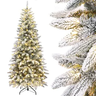 Yorbay Künstlicher Weihnachtsbaum Slim mit Beleuchtung: 180 cm mit Schnee | LED Tannenbaum für Weihnachten Dekoration - Bleistift Weihnachtsbaum mit Schneebeflockt - Weiß Schmal Kunstbaum Metallständer