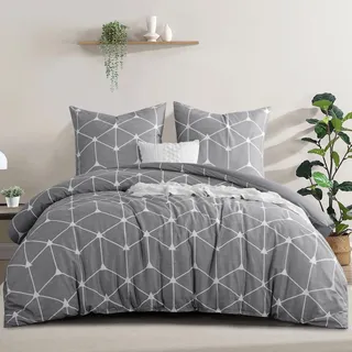 RUIKASI Bettwäsche 200x220 3 teilig Hellgrau - Bettbezug 200 x 220 Set mit Geometrie Muster, Bettwäsche-Set 220x200 aus Mikrofaser mit Reißverschluss Weich und Bügelfrei
