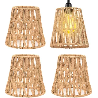 4 Stück Lampenschirm Boho, 15x15.8x4cm Rattan Lampenschirm, Boho Rattan Lampenschirms Klein, E26 E27 Papierlampenschirm Ersatzschirm Zubehör für Tischlampe Stehlampe Pendelleuchten Hängelampenschirme