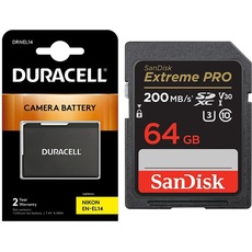 Duracell DRNEL14 Li-Ion Kamera Ersetzt Akku für EN-EL14 & SanDisk Extreme PRO SDXC UHS-I Speicherkarte 64 GB