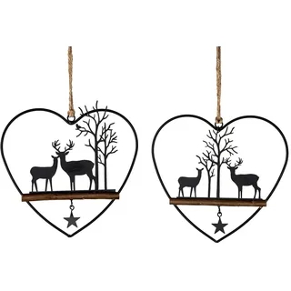 Deko-Hänger aus Metall & Holz – rund oder Herz – Hirsch mit Baum oder Häuserzeile – Wand- & Fensterdeko Winter Weihnachten (Hirsch Herz)