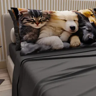 PETTI Artigiani Italiani - Bettwäsche Tiere mit Katzen und Hunden aus Baumwolle mit Kissenbezügen im Digitaldruck, Bettwäsche für Doppelbett, Dunkelgrau, 100% Made in Italy