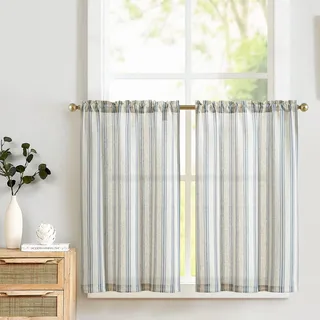 TOPICK Leinen Gestreifte Scheibengardinen Lichtdurchlässig Bistrogardine Sheer Vorhang Privatsphäre Fenstervorhang Gardine für kleine Fenster Küche Bad Wohnzimmer 2er Set 65Bx90H(cm) Blau auf Beige