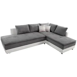 luma-home Ecksofa-Dauerschläfer Doppelbett Boxspring Federkern Topper, Schwenkteil links B306/T223/H95 cm, Kunstleder Weiß+ Mikrofaser Hellgrau / 15103 , Weiß, Hellgrau , Textil , Füllung: Kaltschaum , Ottomane links,L-Form , 306x223 cm , Wohnzimmer, Sofas & Couches, Wohnlandschaften, Ecksofas