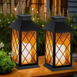 Joycome Solarlaterne für Außen, 2 Stück Solarlampen für Außen Hängend mit Flackernde Kerzen, Solar Laternen Outdoor, Wetterfest Laternen für Draußen Garten Balkon Tisch Grab Terrasse Deko - Schwarz