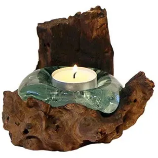 Wogeka - Handgefertigte Teelichthalter aus Wurzelholz – Fensterdeko & Windlicht aus Teakholz & mundgeblasenem Glas – Teelichter & Kerzenlichter Zubehör – Stilvolle Tischdeko & Geschenkidee