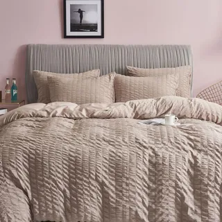 Freyamy Bettwäsche 135x200 Seersucker Khaki Geprägt Gestreifte Bettwäsche-Sets Aesthetic Microfaser ÖKO-TEX Bettbezug 1 Deckenbezug mit Reißverschluss und 1 Kissenbezug 80x80cm