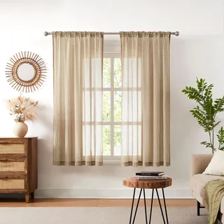 Melodieux Schiebegardinen mit Kräuselband Beige - Leinenoptik Fenster Vorhänge, Volie Küchengardinen Gardinen Vorhänge Transparent fur Kinderzimmer Schlaufenschal, Wohnzimmer, 210×140cm (H×B) 2er Set