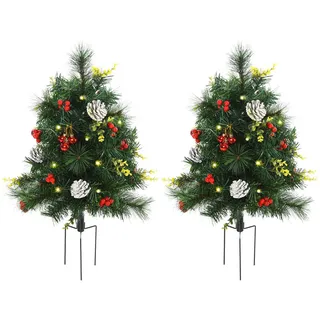 Homcom 2-er Set Weihnachtsbäume Mini Künstlicher Christbaum mit rote Beere, Kugeln und Warmweiß LED-Lichtern IP44 Grün kunststoff 75 cm