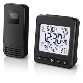 CSL - Funkwecker digital - Funk Wetterstation Funk mit Außensensor - Innentemperatur und Außentemperatur - Funkwecker Funkuhr - 2 Alarmzeiten - LED Display