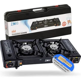 ZMC 2 flammig Campingkocher Outdoor Camping Gas Kocher Grillplatte + 8x Gaskartusche