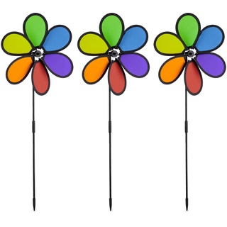 Relaxdays Windrad Blume, 3er Set, Deko Gartenstecker für Balkon, Terrasse & Garten, HBT 67 x 28 x 6 cm, Regenbogen, bunt