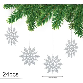 24 x Schneeflocken Weihnachten Deko für Weihnachtsbaum Glitzer Weihnachtsbaumschmuck, silber, Kunststoff