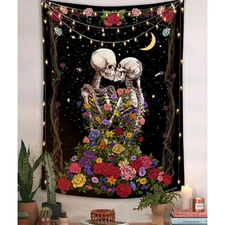 YISUMEI Totenkopf-Wandteppich ''The Kissing Lovers'' für Schlafzimmer, ästhetische Blumen, Sternen-Wandteppich, Wandbehang für Raumdekoration (M/130 x 150 cm)